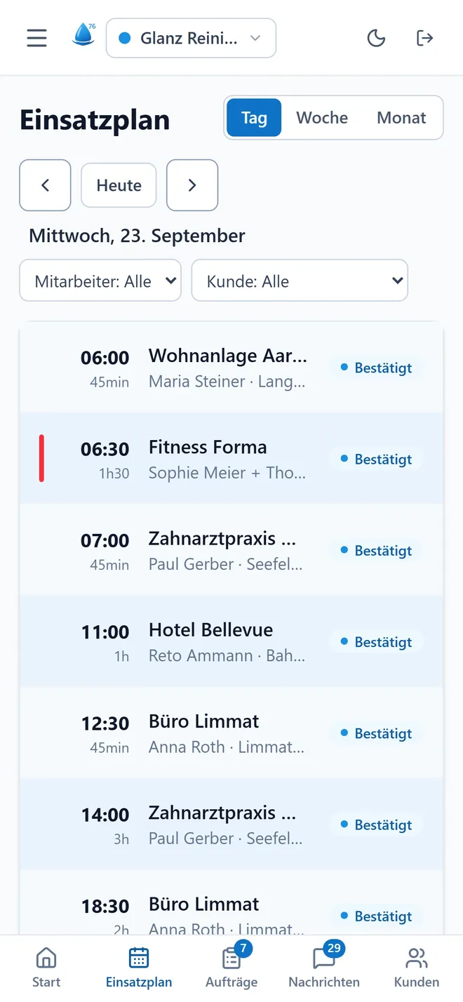 Der Einsatzplan des Tages, auf Deutsch.