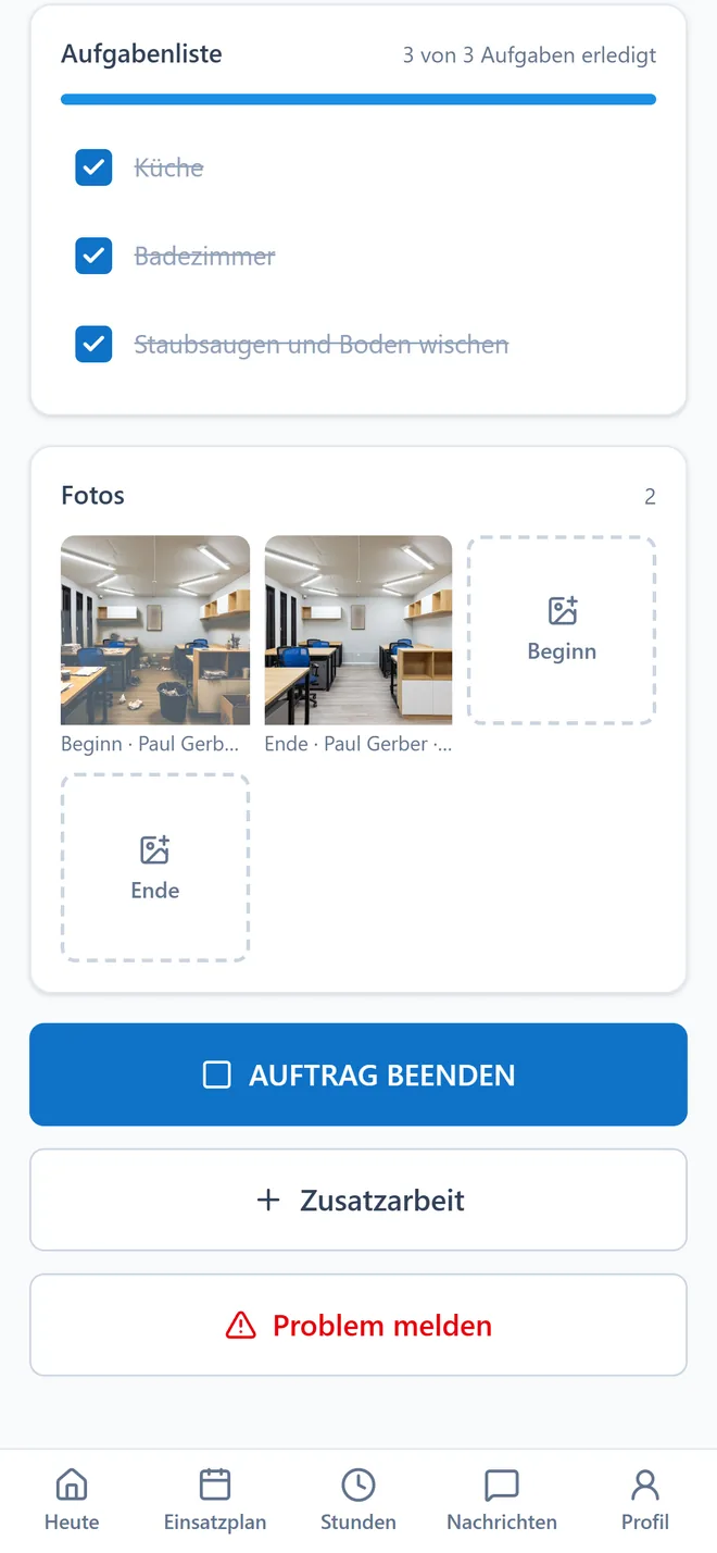 Das Handy des Mitarbeiters: abgehakte Aufgaben, Fotos vom Anfang und vom Schluss, der Knopf zum Beenden.