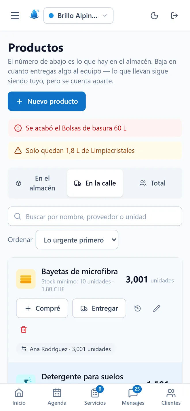 La pantalla Productos: el stock en el almacén y en la calle, con los avisos de mínimo.