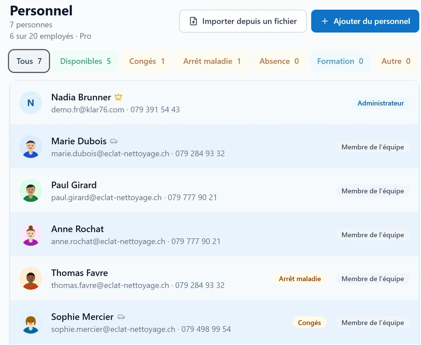 L’écran Personnel sur ordinateur, avec les absences signalées à côté des noms.