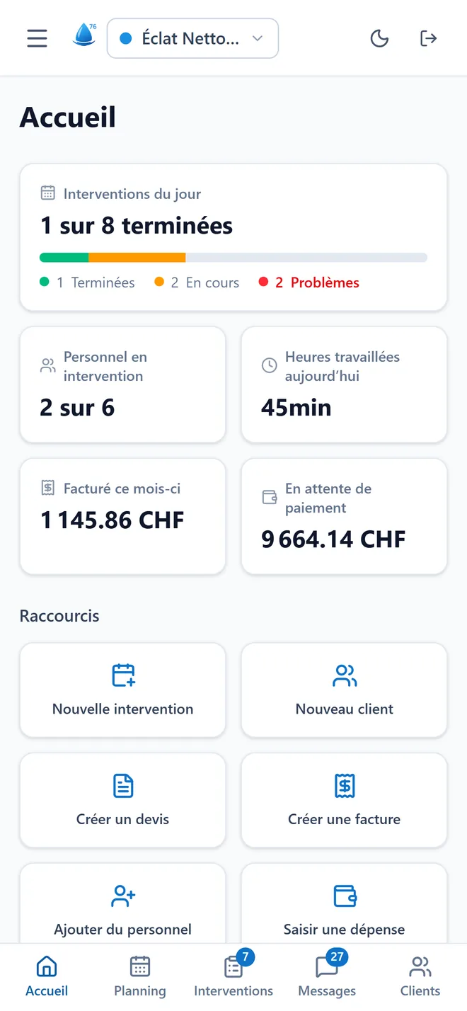 L’accueil de l’app : 1 intervention sur 8 terminée, 2 personnes sur 6 en intervention, le facturé du mois.