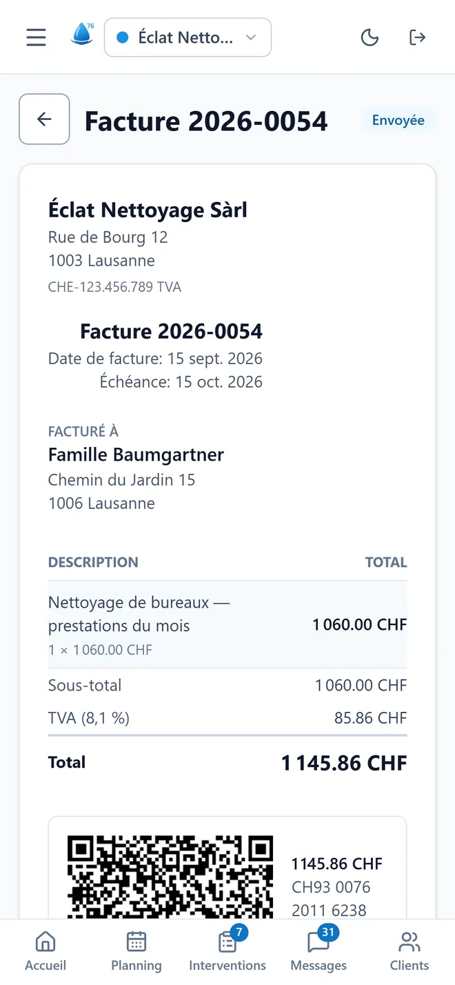 Une facture dans l’app, avec la TVA à 8,1 % et le QR suisse.
