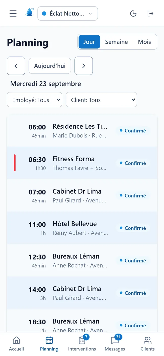 Le planning du jour, en français.