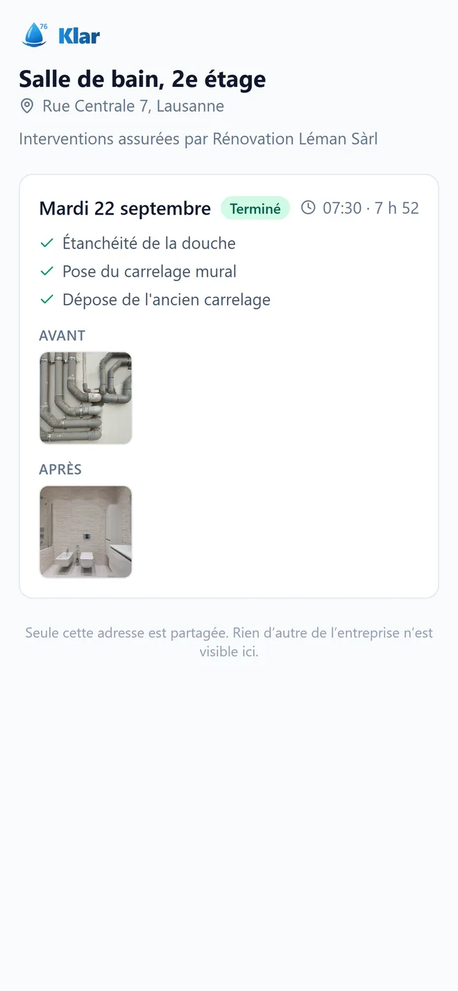 La page du client : la date, les tâches faites et les photos avant et après.