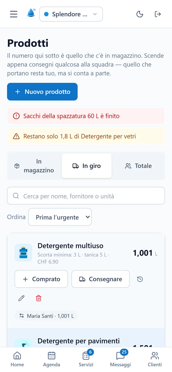 La schermata Prodotti: la giacenza in magazzino e sul campo, con gli avvisi di minimo.