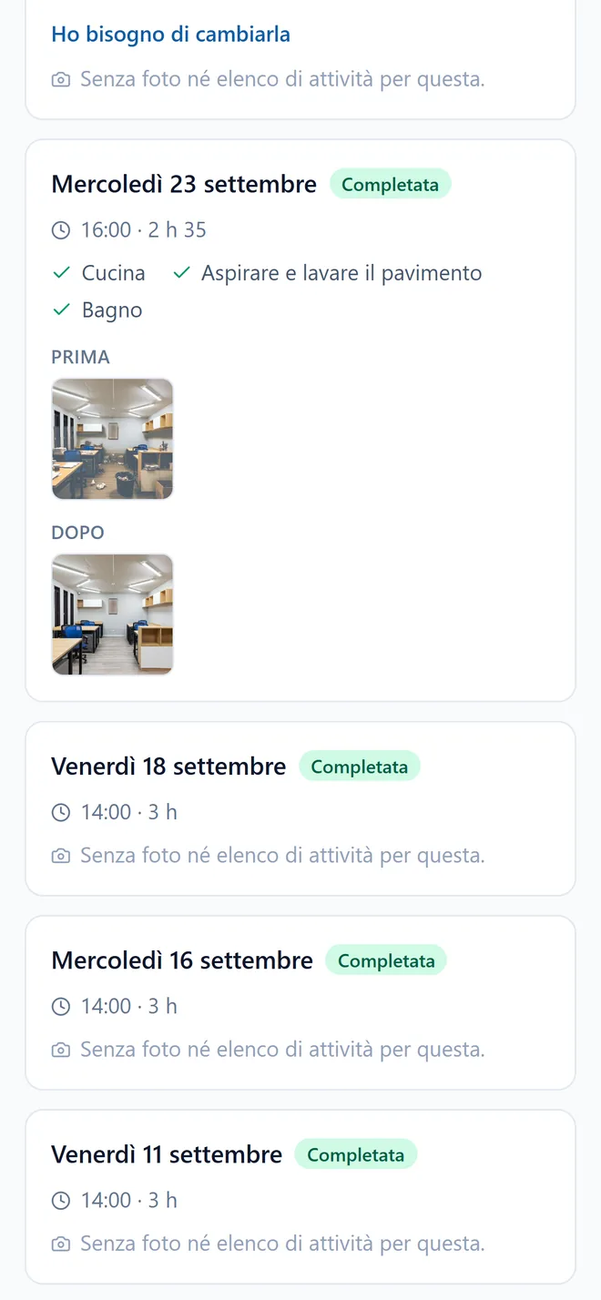 La pagina del cliente: la data, i compiti svolti e le foto prima e dopo.