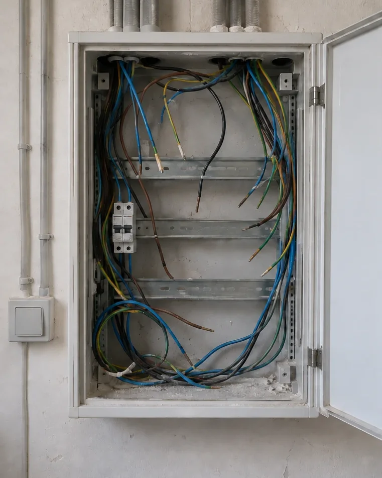 Avant : un tableau électrique, les câbles en vrac.