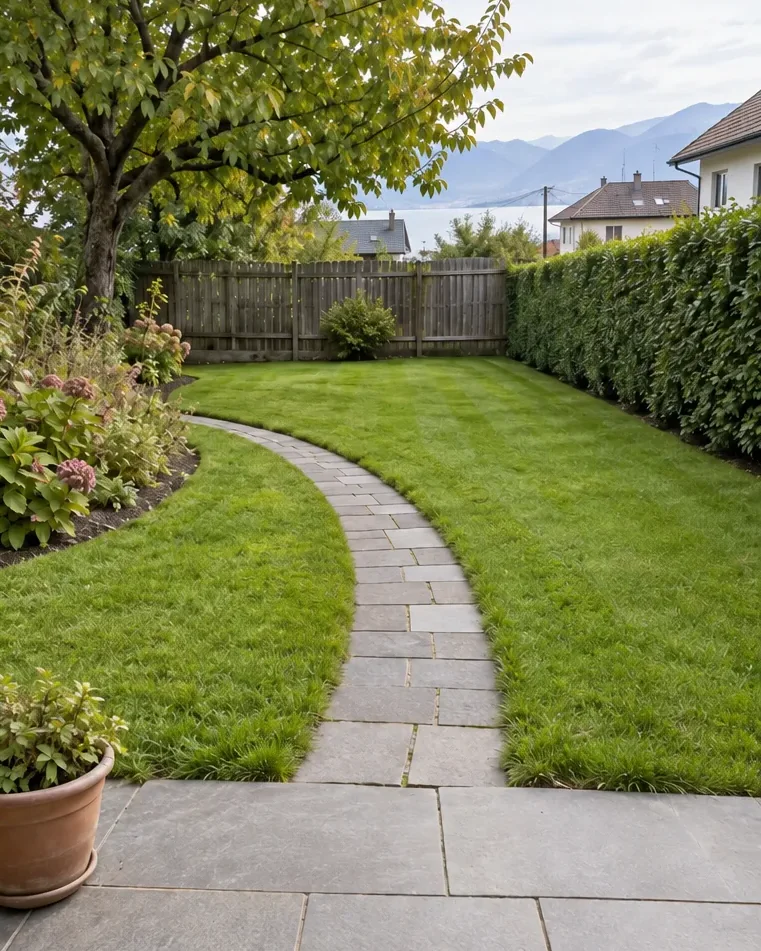 Après : le même jardin, pelouse tondue et haie taillée.