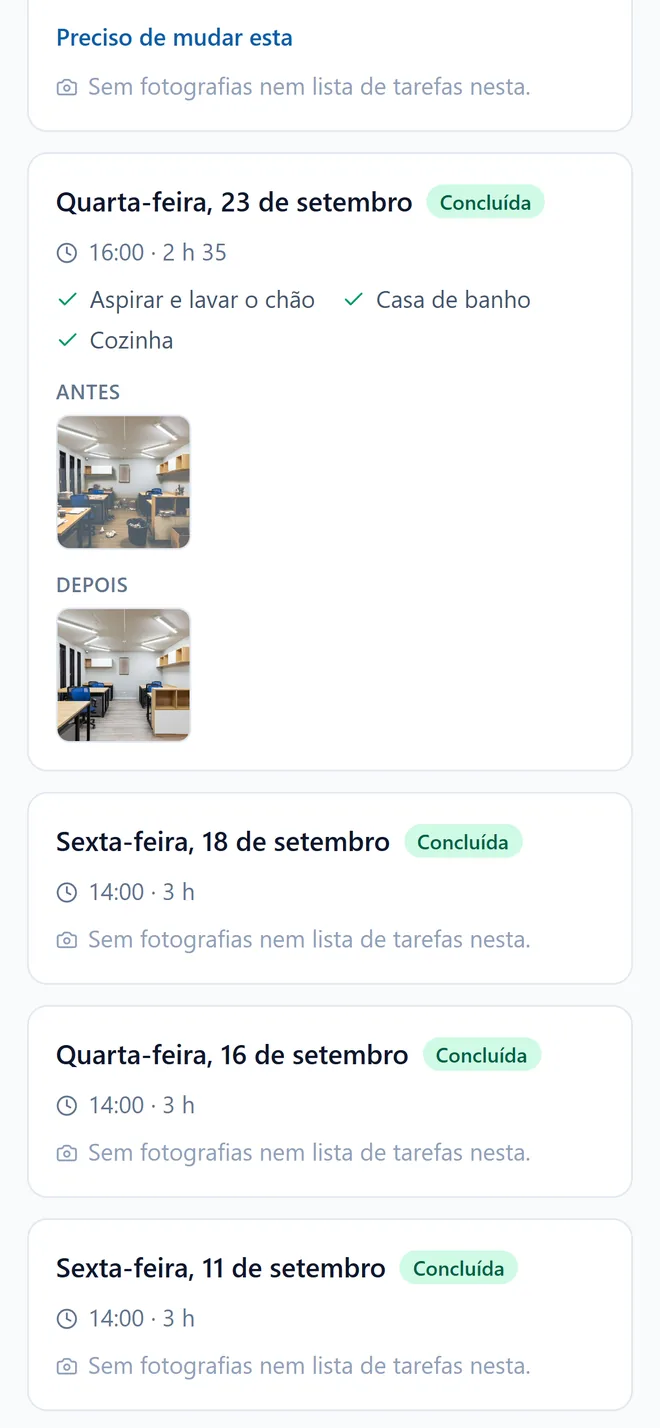 A página do cliente: a data, as tarefas feitas e as fotografias de antes e depois.