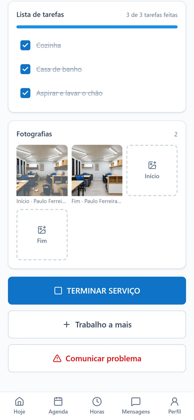 O telemóvel do funcionário: as tarefas marcadas, as fotografias do início e do fim, o botão para terminar.